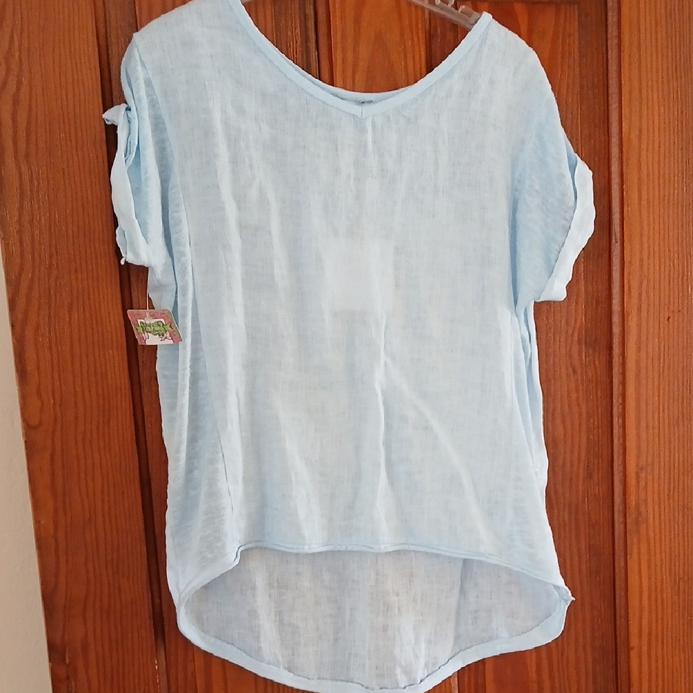 NWT Italian Hand Made Sky Blue Short Sleeve Women's Top